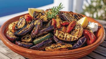 A red handmade platter with grilled vegetables eggplants, zucchini and bell peppers in sunset hues. photo