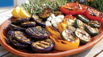 A platter overflows with grilled vegetables eggplants, zucchini and bell peppers in sunset hues. photo