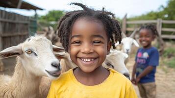Smiling african children with goats on a farm photo