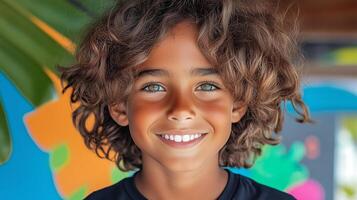 Smiling hispanic child with curly hair and bright eyes in colorful setting photo