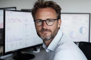 Caucasian man analyst in office with computers and data graphs photo