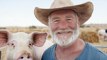 Caucasian elderly man smiling with pig on farm in wide-brimmed photo