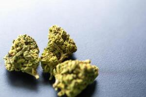 Three cannabis buds on dark surface with soft lighting and shallow depth of field highlighting natural texture and detail. Concept medical marijuana, CBD or wellness. Cannabis buds on smooth surface photo