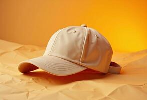 Beige Baseball Cap Product Shot On Textured Background For Mockup And Design Template photo