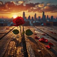 Red Rose And Cityscape At Sunset Love In Urban Landscape Romance On Wood photo