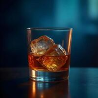 Whiskey In Glass With Ice Cubes Amber Liquor Cold Drink Alcohol Relax Refreshment photo