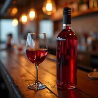 Rose Wine Bottle And Glass Elegantly Placed On A Bar Counter With Bokeh Lighting photo