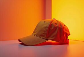 Stylish Khaki Baseball Cap On A Colorful Surface In Studio Setting photo