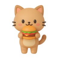 Charming chibi cat enjoying a hamburger whimsical scene transparent background playful atmosphere png