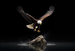 Bald Eagle Landing On Rock Above Water In Dramatic Dark Setting photo