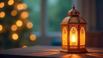 Elegant Ramadan Lantern With Candlelight And Festive Bokeh Background On A Wooden Surface photo