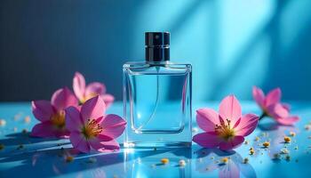Elegant Perfume Bottle With Pink Flowers On A Blue Gradient Background photo