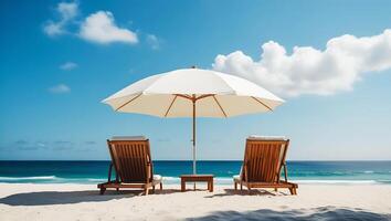 Tropical beach scene with the Beach chairs and a white parasol on a sunny day by the nice ocean view for summer relaxation photo