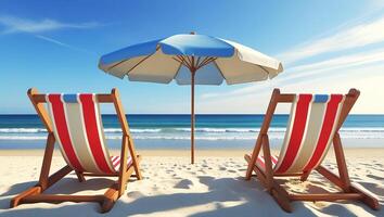 Relaxing beach scene with a beautiful parasol and Beach chairs on a sunny day by the nice ocean view photo