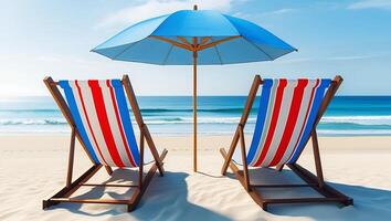 Relaxing beach scene with a blue parasol and Beach chairs on a sunny day by the nice ocean view photo