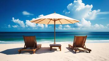 Relaxing beach scene with a white parasol and Beach chairs on a sunny day by the nice ocean view photo