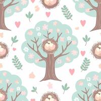 seamless pattern Tree and Bird Nest cute pastel color vector