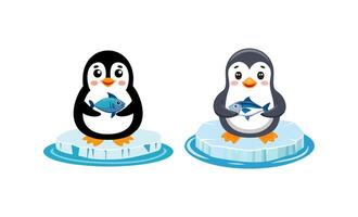 Penguin holding fish in the middle of the ice vector