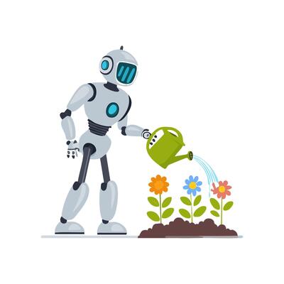 Robot watering flowers with its iron hand