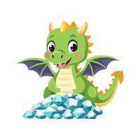 A little dragon guards a pile of sparkling gems vector