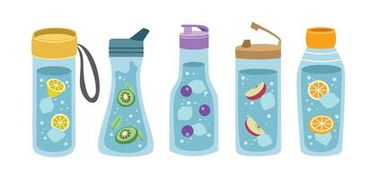 Set of bottle in different shape. Collection of drink with different flavor. Fresh ice water. Detox drink. Healthy drinks. vector