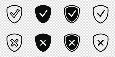 Shield check mark icon set. Protection approve sign. Safe icon. Tick and cross icons. vector
