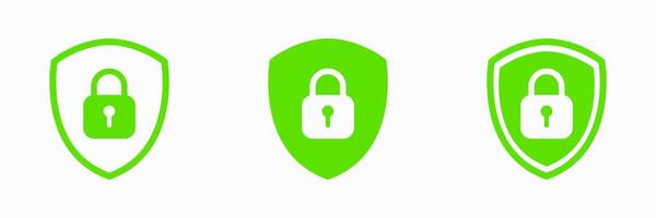 Collection of padlock shield icons featuring lock symbol for digital security, antivirus defense, web protection, private access, firewall, password login, data encryption and information safety vector