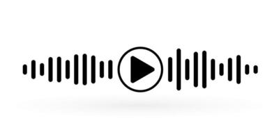 Voice messaging icon with sound wave and play symbol. Black audio message design, podcast communication element, flat icon for web, app, banner, digital media, sound interface. vector