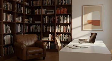 Serene Home Office with Built-in Bookshelves photo