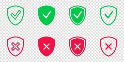 Shield check mark icon set. Protection approve sign. Safe icon. Tick and cross icons vector