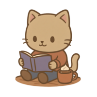 Charming chibi cat reading book with hot cocoa cozy setting digital art playful vibe whimsical view png