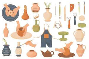 A set of illustrations featuring pottery, clay pots, vases, tools, and hands shaping ceramics. Perfect for craft, handmade art, and pottery workshops. vector