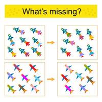 Puzzle game for kids. Task for the development of attention and logic. Find the missing airplane. vector