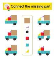 Connect the missing part. Task for the development of attention and logic. Cartoon truck. vector