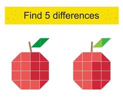 Find 5 differences. Logic puzzle game for children. Cartoon red apple. vector