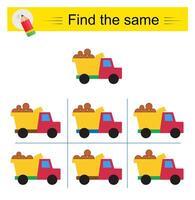 Puzzle game for kids. Task for development of attention and logic. Need to find the exact same dump truck. vector