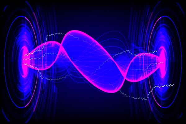 Abstract hi-tech and Technology background. Light waves glowing on a blue digital background with curved lines and futuristic energy design.