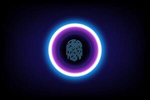 Sci-fi graphic digital fingerprint inside glowing blue and purple energy ring, giving modern and futuristic feel, related to cybersecurity, identity verification technology, biometric security systems vector