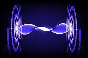 Sci-fi graphic showing an energy connection or energy wave between two high-tech devices in electric blue and purple tones. Featuring a modern glowing ring pattern and electric energy lines. vector