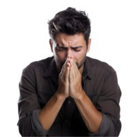 Man in despair contemplates life transparent background emotional scene indoor setting close-up view struggle concept png