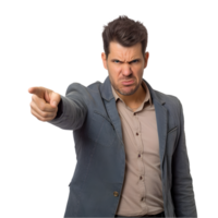 Angry man pointing forward transparent background business emotions indoor environment close-up view confrontational concept png