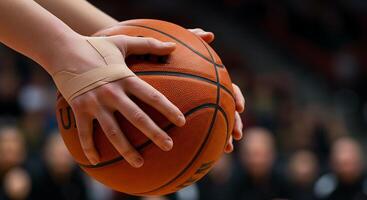 Close-up of a basketball player's hands gripping a basketball, ready for the game. photo