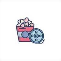 A movie theater icon with popcorn and a reel vector