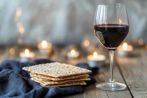 Enjoying a moment of relaxation with red wine and matzah on a rustic wooden table adorned with soft candlelight photo