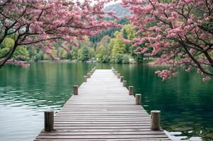 Wooden pier extending into tranquil water surrounded by blooming cherry blossom trees in a serene landscape setting during springtime photo