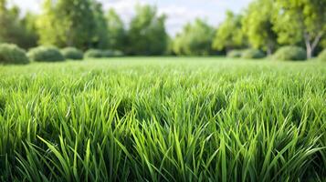 Lush green grass carpet in a serene park setting under a clear blue sky during late afternoon hours photo