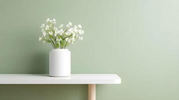 Serene empty wall with blank copy space and a white vase of flowers on a minimalist table in a modern interior design setting photo