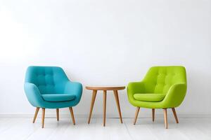 Empty wall with blank copy space featuring modern colorful chairs and wooden table for design inspiration photo