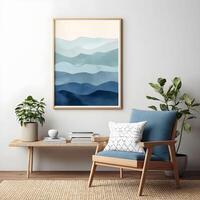 Relaxing interior space featuring a modern chair, abstract mountains wall art and decorative elements in a serene color palette photo