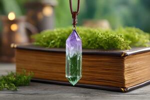 Elegant crystal pendant resting on an open book surrounded by greenery, showcasing craftsmanship and natural beauty. photo